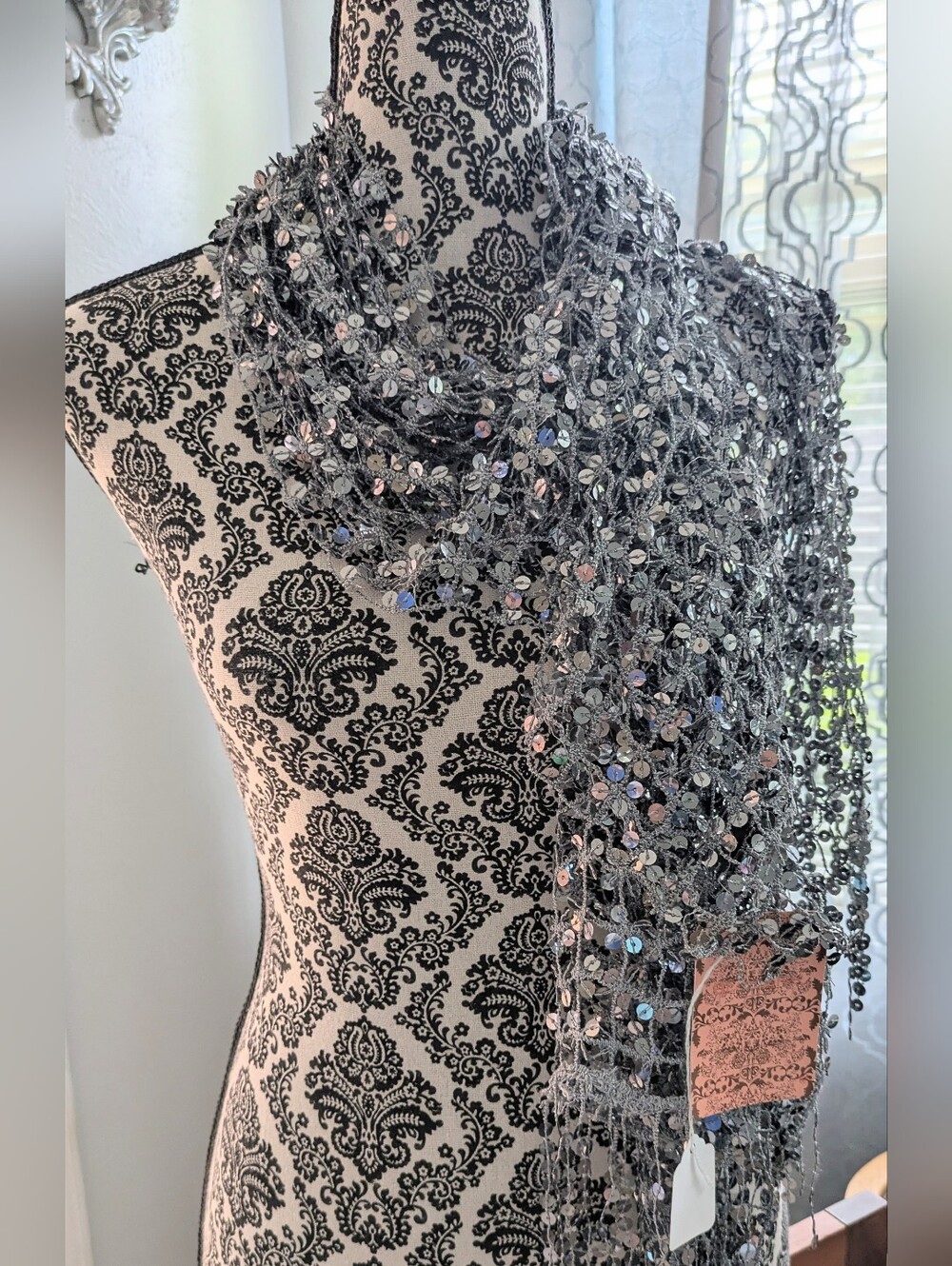 NWT Silver Sequin Scarf Fringe